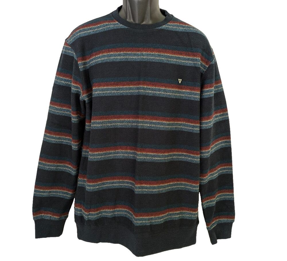 Vissla Men’s LG Pullover Crewneck Black Teal Striped Cotton Blend Sweater